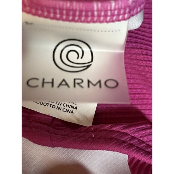CHARMO Pink Ribbed Scalloped 1 Piece Swimsuit Womens Retro Modest Square Neck S - Picture 7 of 14